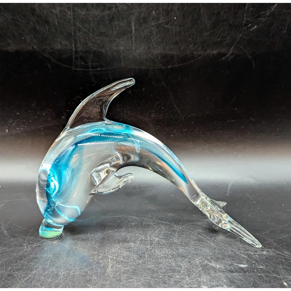 Vintage Rubelli Blue Clear Murano Art Glass Dolphin Sculpture Figurine 6.5"